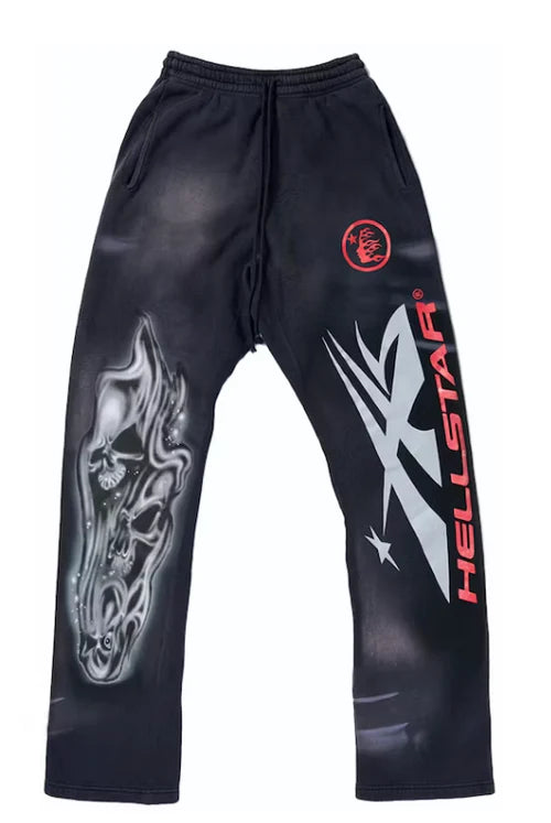 Hellstar Airbrushed Skull Flare Bottom Sweatpants Midnight Dye Black