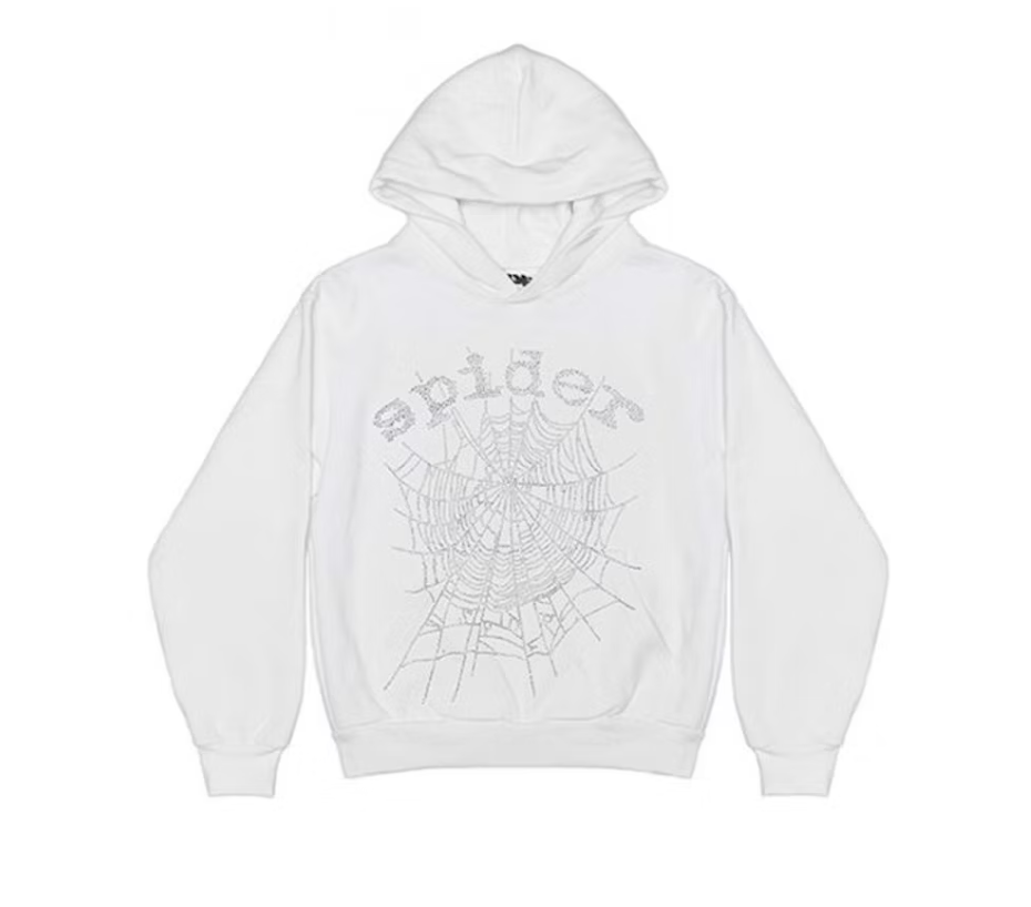 Sp5der OG Rhinestone Logo Hoodie White